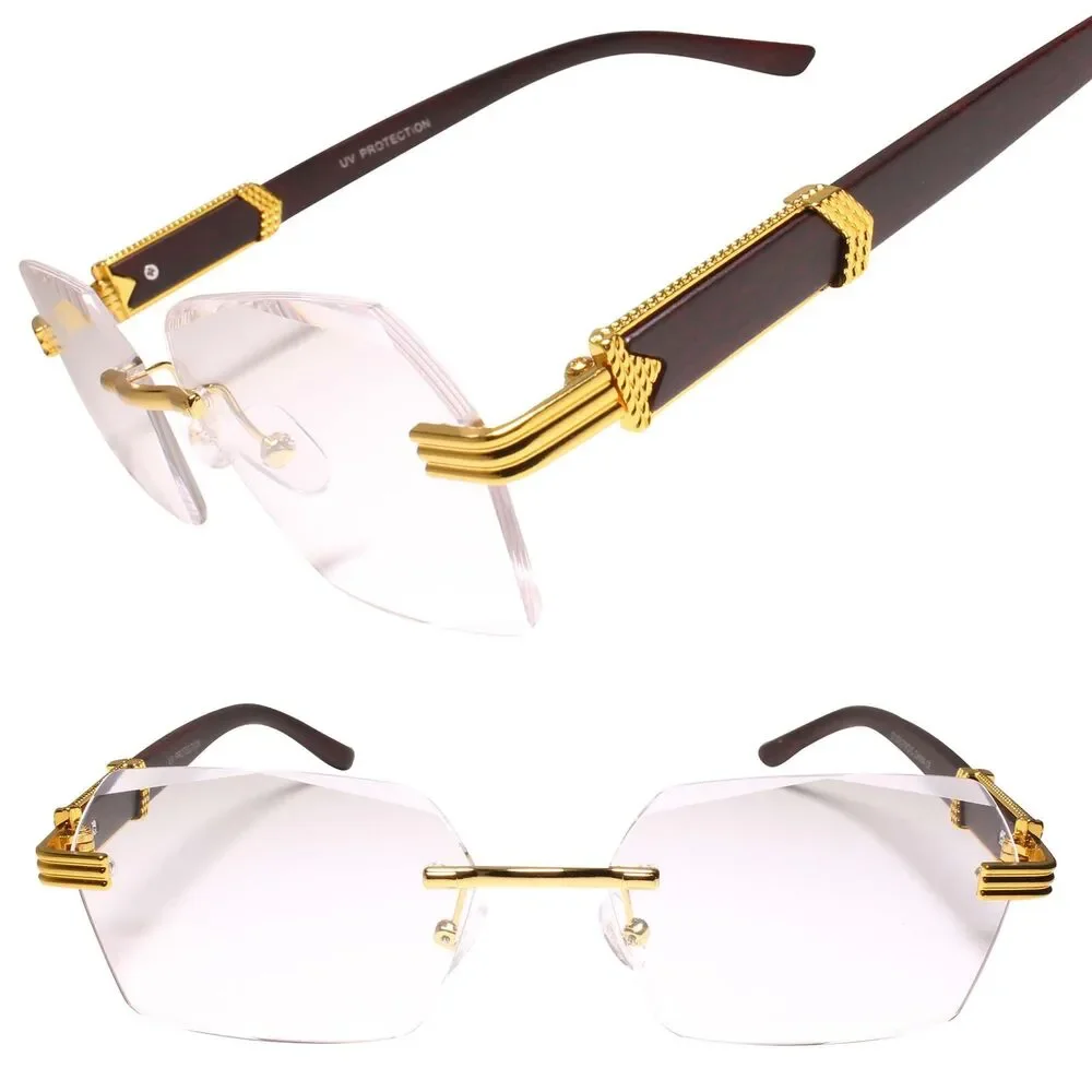 Gold & Faux Wood Rectangle Retro Hip Hop Diamond Edge Cut Clear Lens Glasses